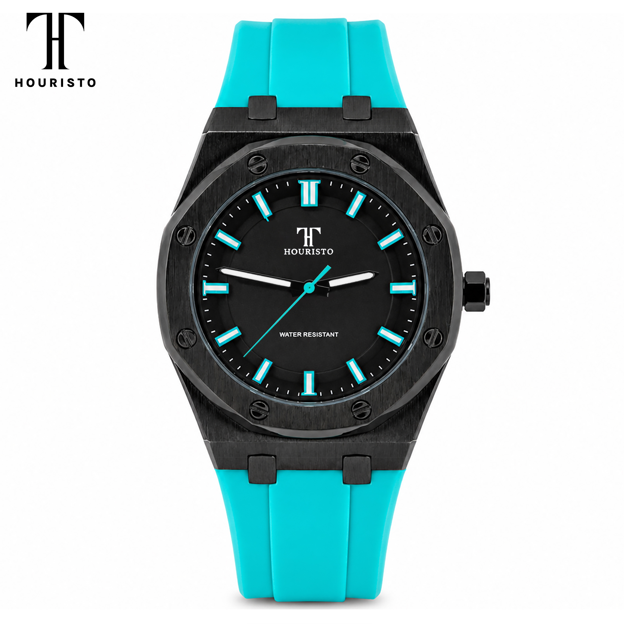 HOURISTO Eye-catching Quartz Watch - Black Octagonal Bezel Turquoise Strap Waterproof Daily