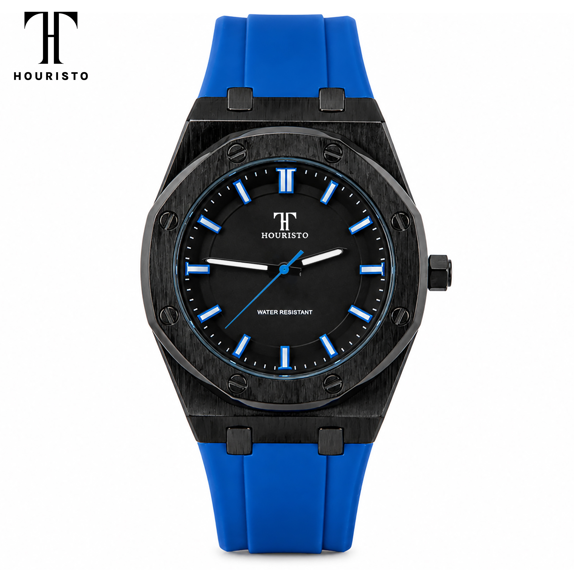 HOURISTO Refined Luxury Watch - Black Dial Blue Details Silicone Strap Octagonal Bezel Daily