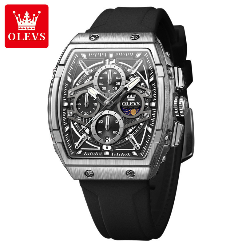 OLEVS Men's Tonneau Chronograph Watch – Premium Waterproof Quartz Sports Watch with Durable Silicone Strap