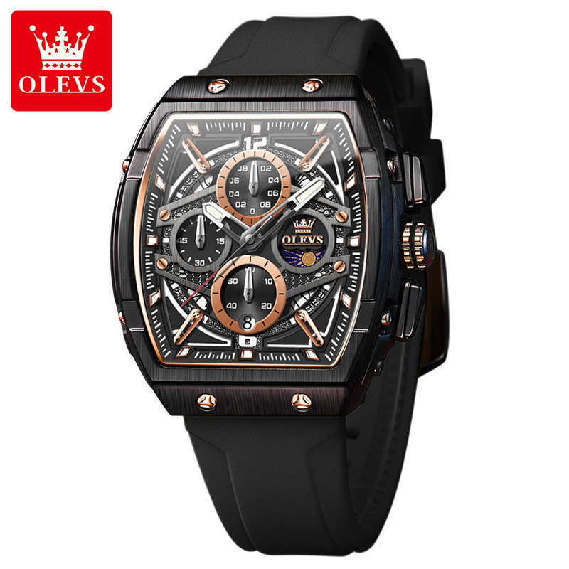 OLEVS Men's Tonneau Chronograph Watch – Premium Waterproof Quartz Sports Watch with Durable Silicone Strap