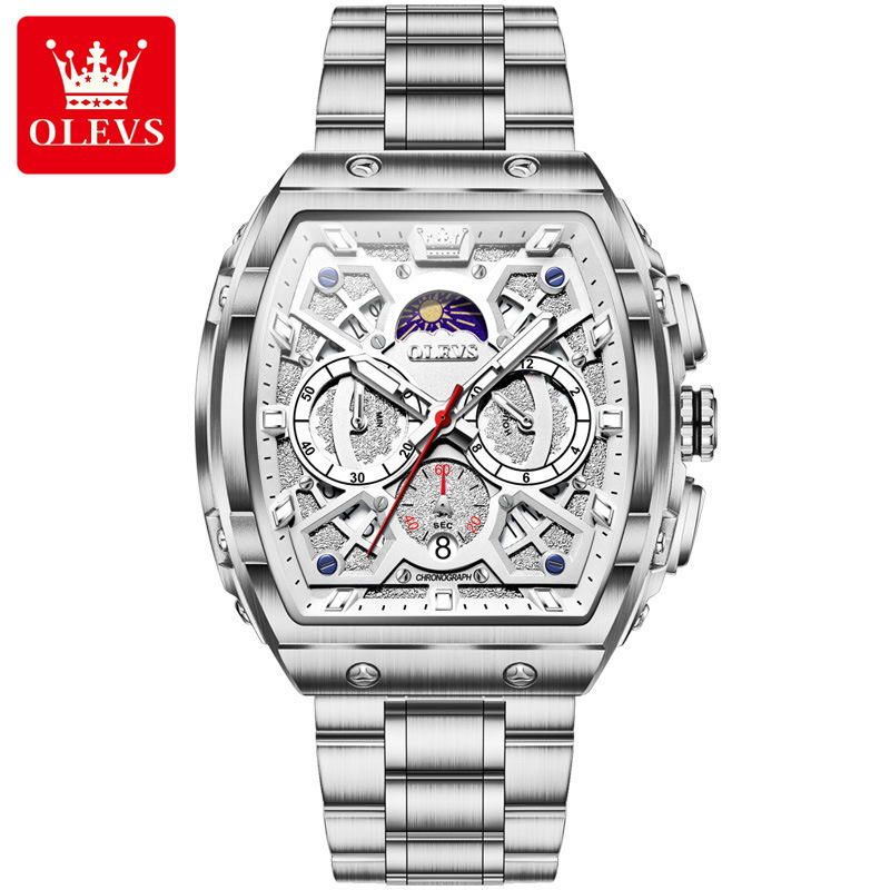 OLEVS Men’s Tonneau Multifunction Quartz Watch – Premium Stainless Steel Sports Watch with Moon Phase