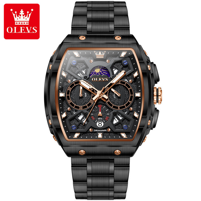 OLEVS Men’s Tonneau Multifunction Quartz Watch – Premium Stainless Steel Sports Watch with Moon Phase