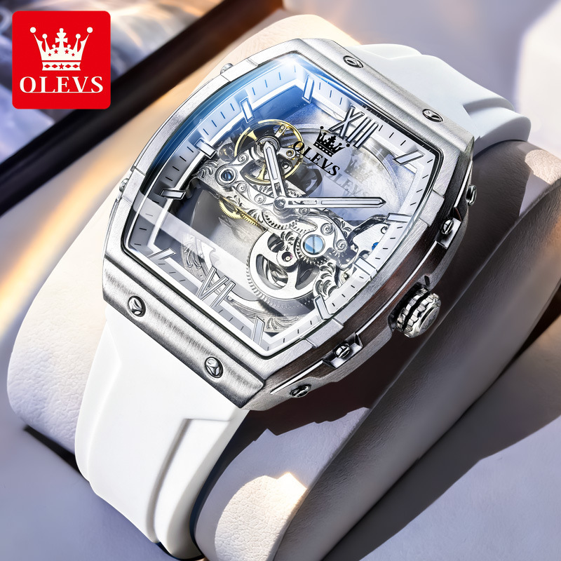 OLEVS Men’s Skeleton Automatic Mechanical Watch – Luxury Tonneau Waterproof Luminous Sport Watch