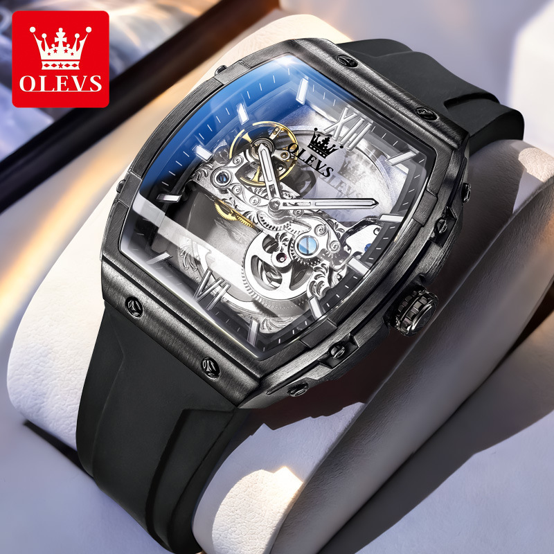 OLEVS Men’s Skeleton Automatic Mechanical Watch – Luxury Tonneau Waterproof Luminous Sport Watch