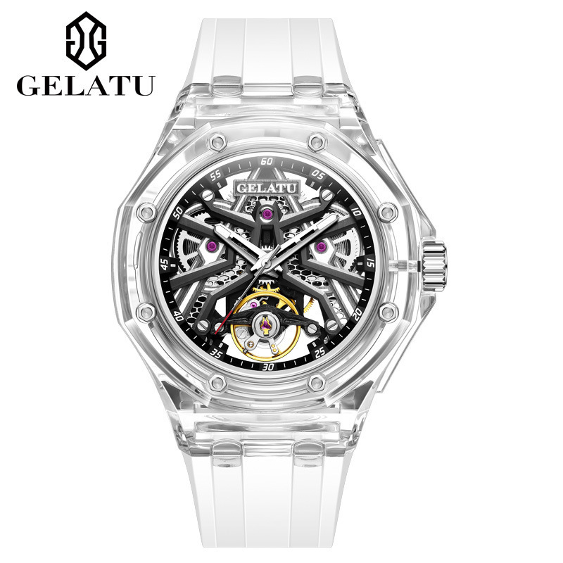GELATU 8002 Men's Automatic Mechanical Skeleton Watch with Transparent Case