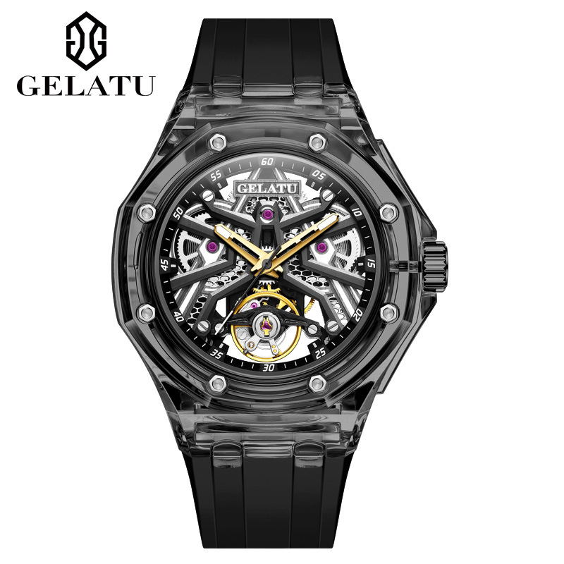 GELATU 8002 Men's Automatic Mechanical Skeleton Watch with Transparent Case