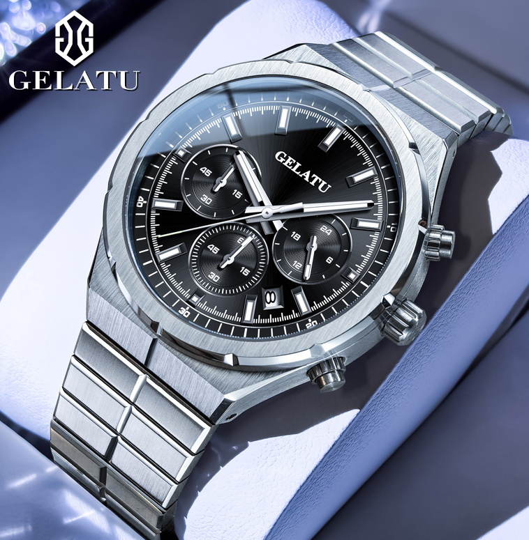 GELATU New High-End Stainless Steel Strap Quartz Men's Watch - Multifunctional Business Waterproof Luminous Watch
