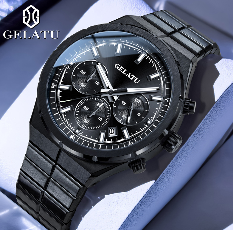GELATU New High-End Stainless Steel Strap Quartz Men's Watch - Multifunctional Business Waterproof Luminous Watch
