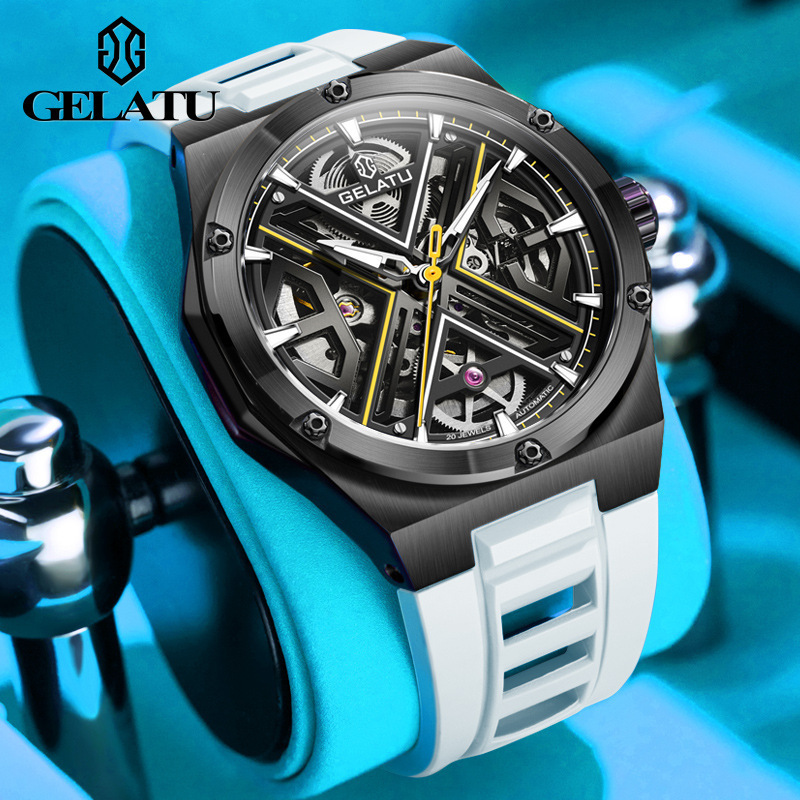 GELATU 6006 Men's Automatic Skeleton Mechanical Watch - Luxury Sports Style with Silicone Strap