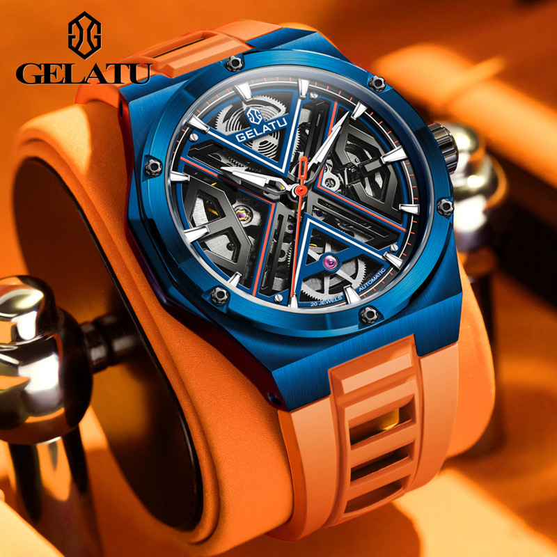 GELATU 6006 Men's Automatic Skeleton Mechanical Watch - Luxury Sports Style with Silicone Strap