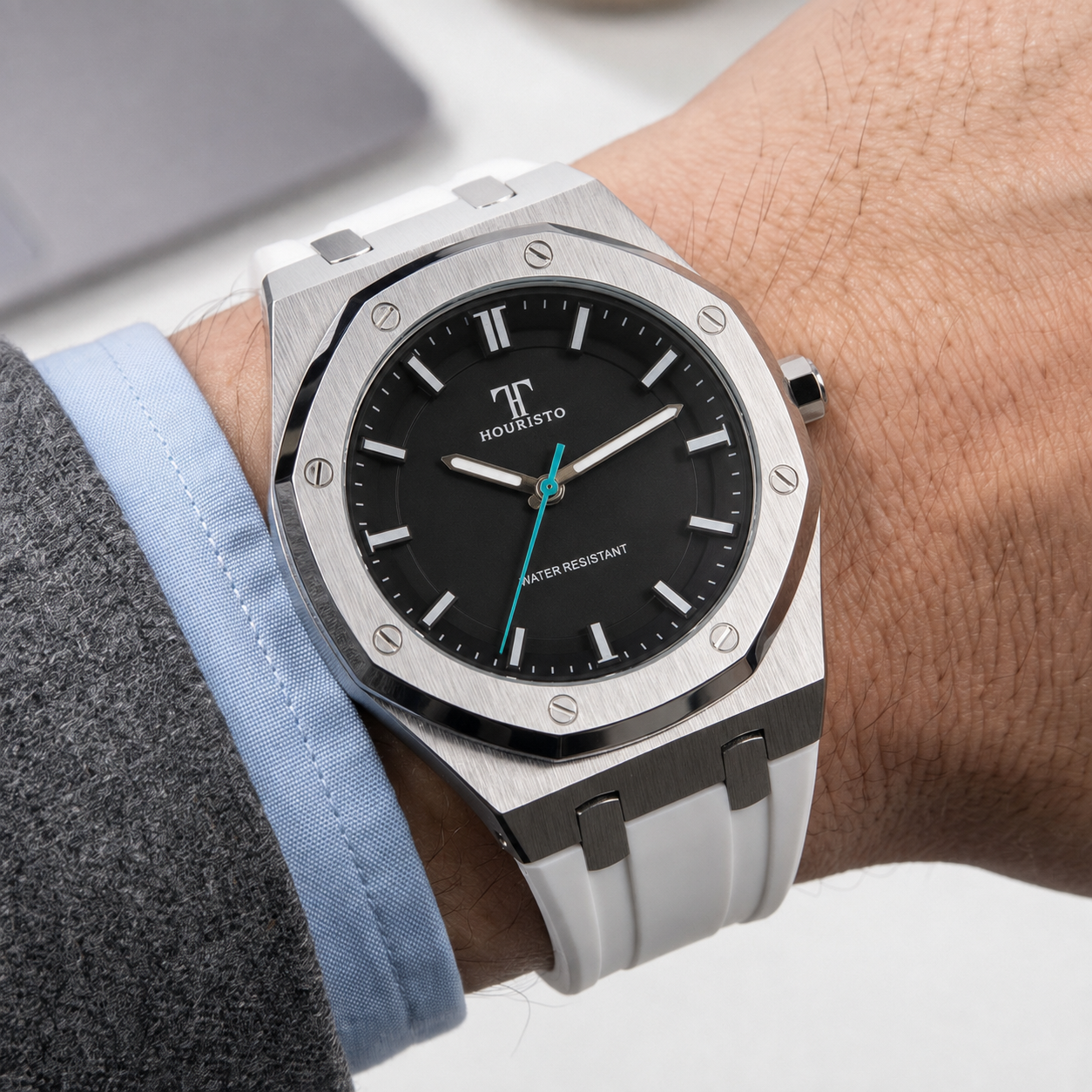 HOURISTO Premium Quartz Watch - Silver Octagonal Case Black Dial White Rubber Strap Waterproof