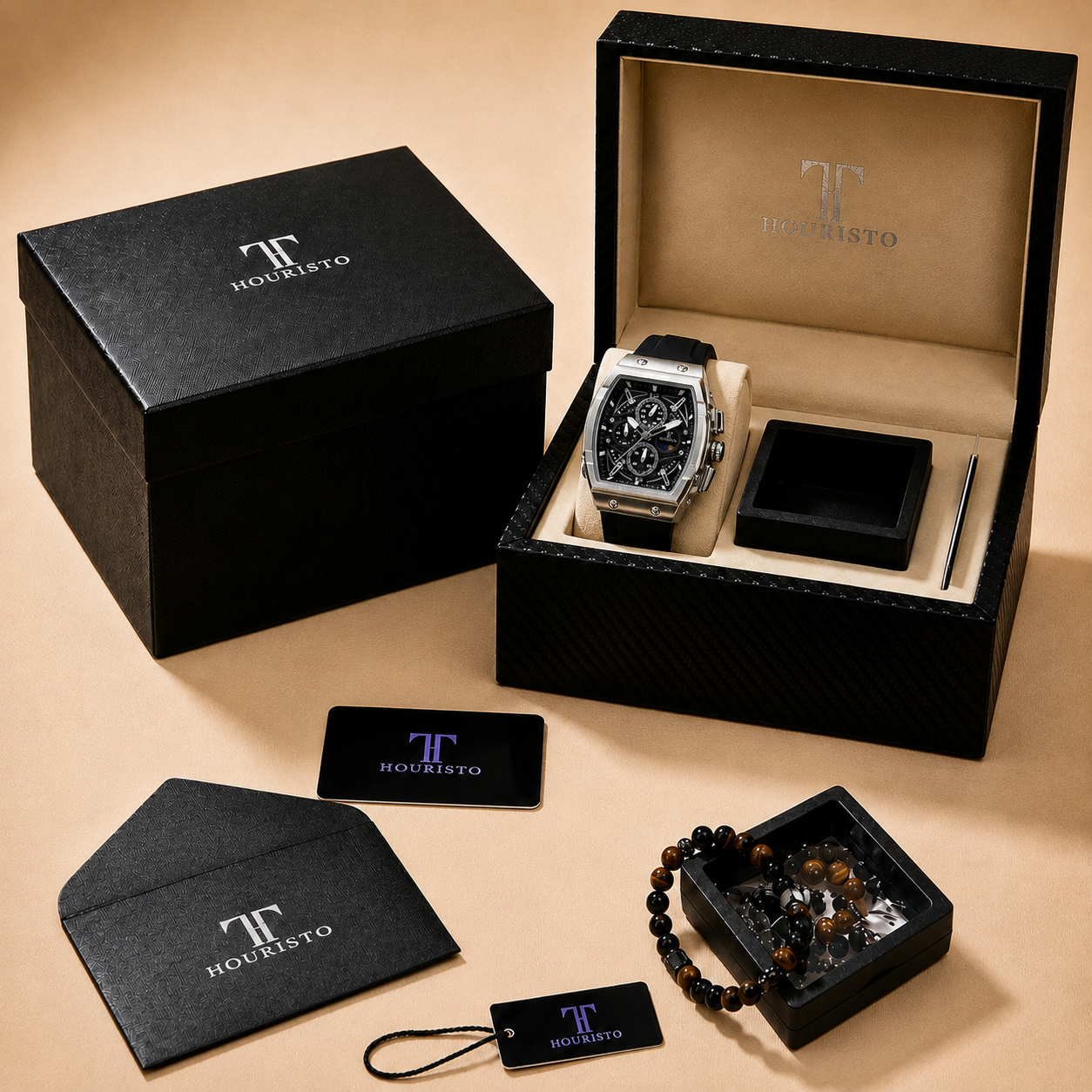 Houristo Skeleton Automatic Watch – Silver Tonneau Stainless Steel Case Multi-Function Chronograph with Moon Phase, Black Silicone Strap