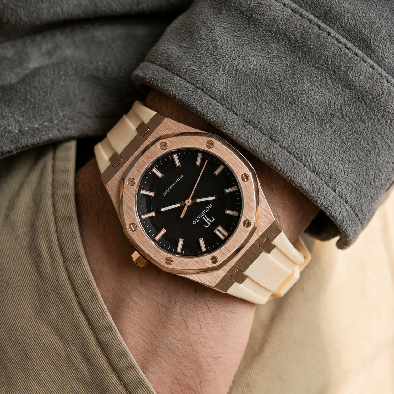 HOURISTO Men's Quartz Watch - Rose Gold Case Black Dial Waterproof Sport Luxury Watch with Beige Strap