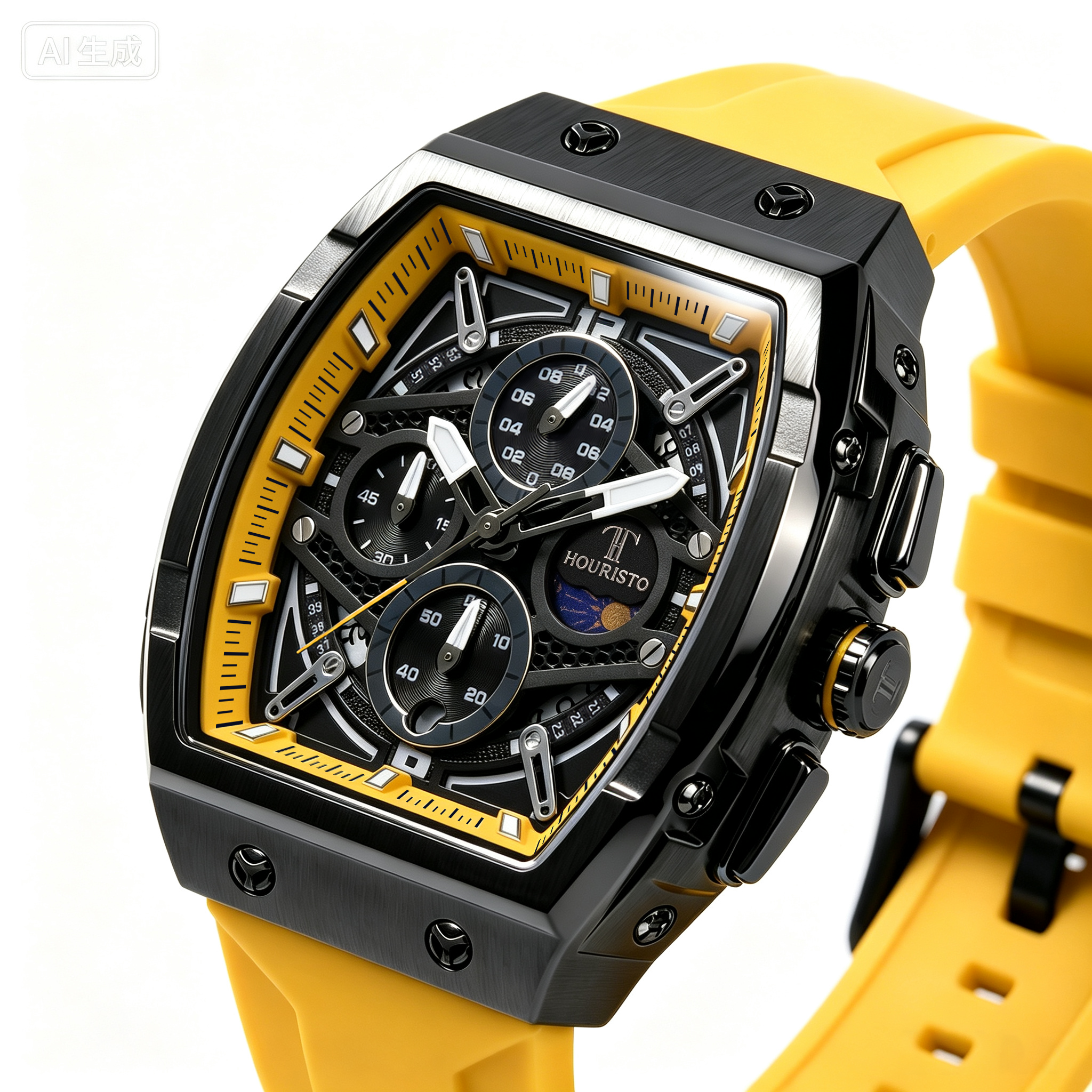 Houristo Skeleton Automatic Watch – Black & Yellow Multi-Function Chronograph with Moon Phase, Silicone Strap