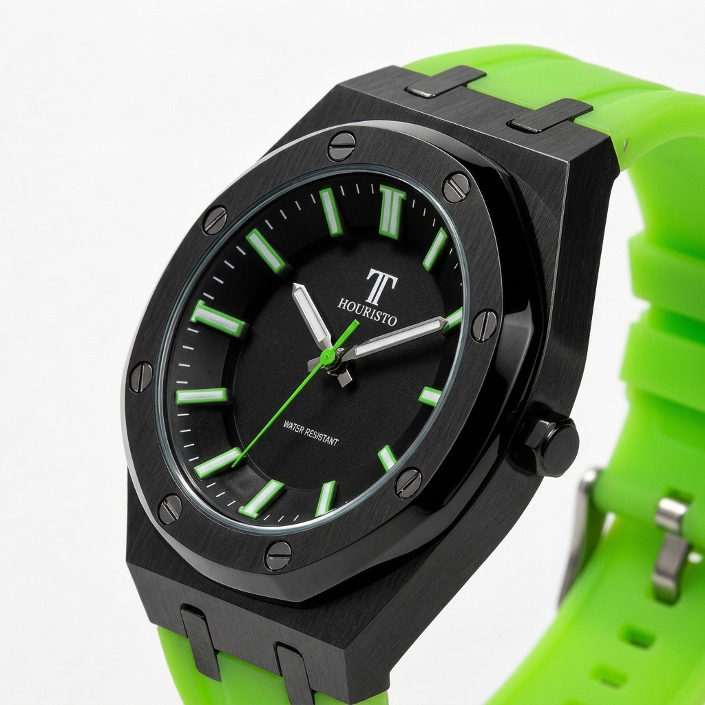 HOURISTO Fashion Watch - Black Octagonal Design Green Accent Water Resistant Sport Casual Watch
