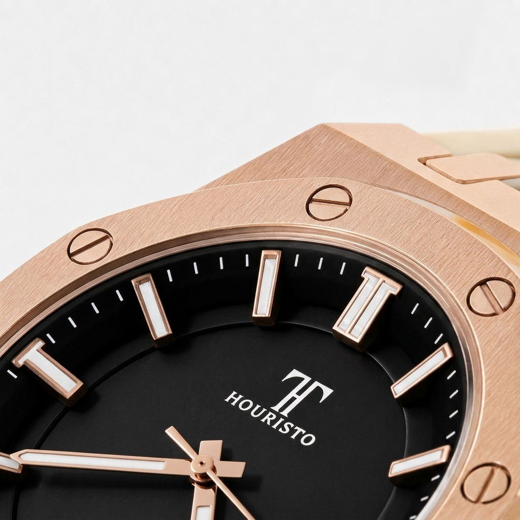 HOURISTO Men's Quartz Watch - Rose Gold Case Black Dial Waterproof Sport Luxury Watch with Beige Strap