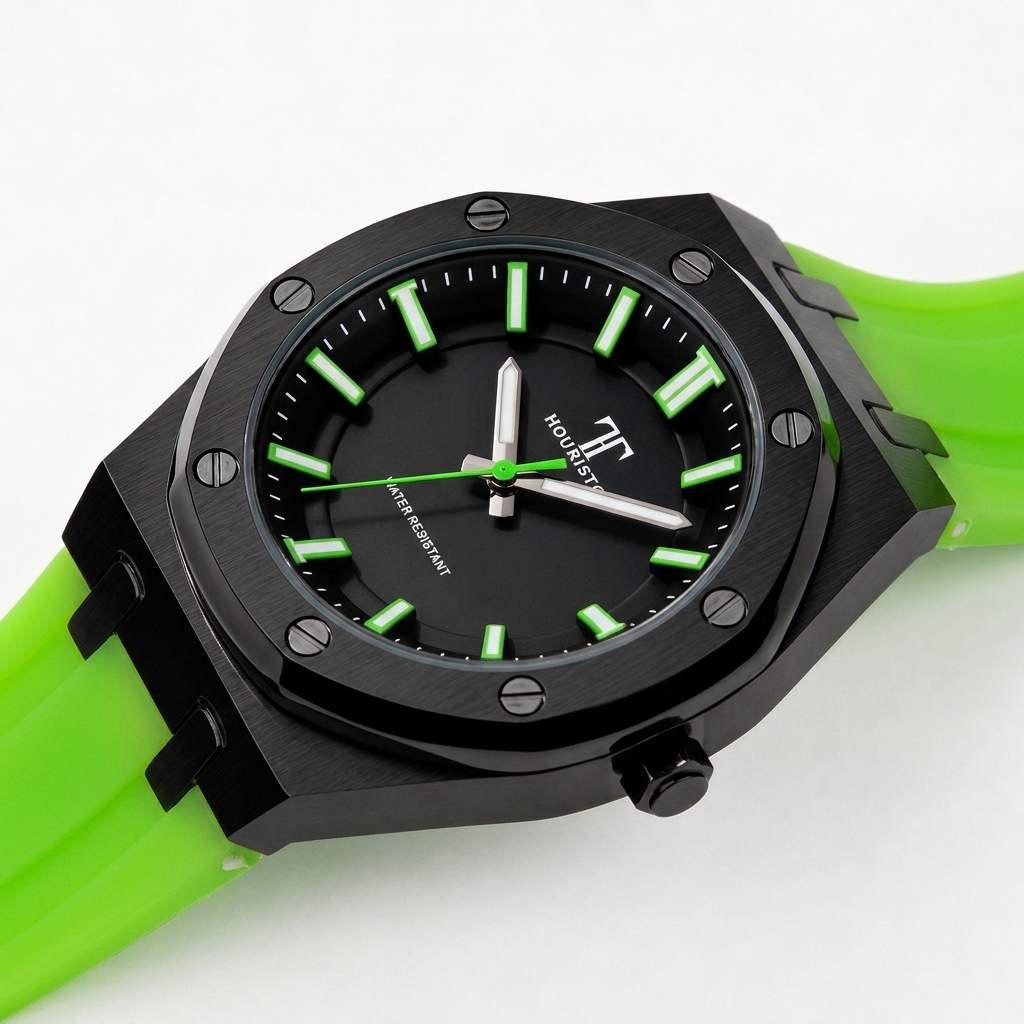 HOURISTO Fashion Watch - Black Octagonal Design Green Accent Water Resistant Sport Casual Watch