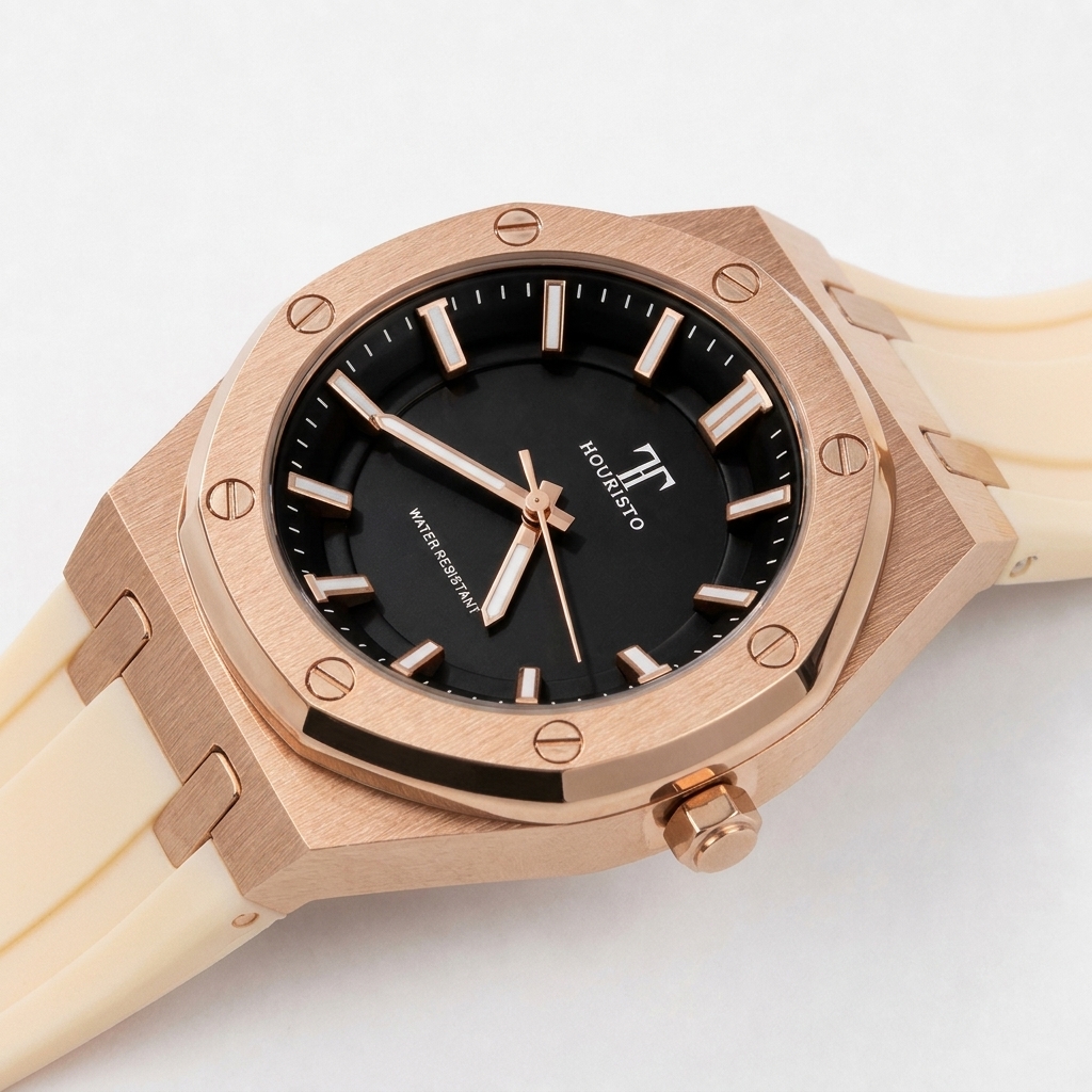 HOURISTO Men's Quartz Watch - Rose Gold Case Black Dial Waterproof Sport Luxury Watch with Beige Strap