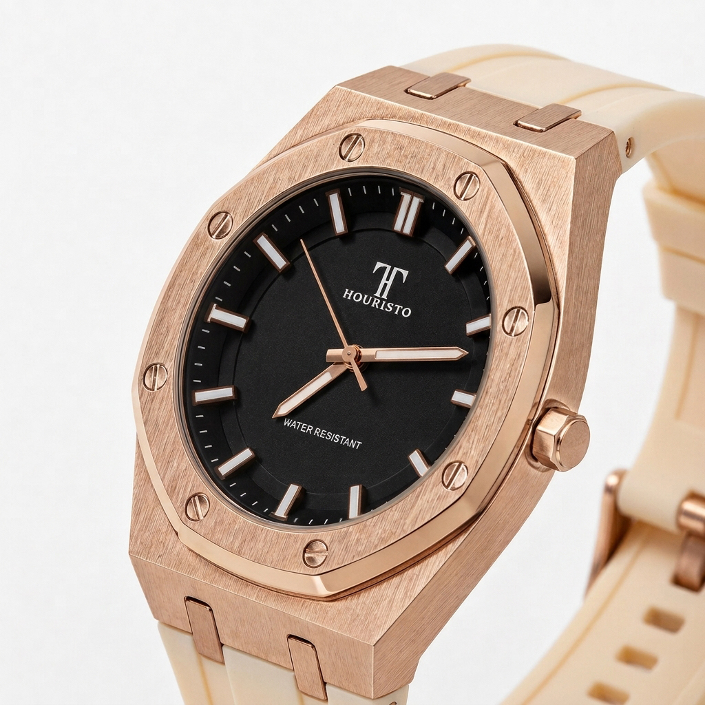 HOURISTO Men's Quartz Watch - Rose Gold Case Black Dial Waterproof Sport Luxury Watch with Beige Strap