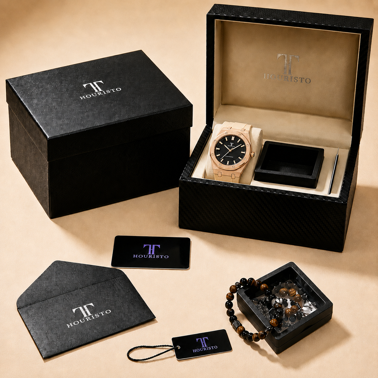 HOURISTO Quartz Watch - Rose Gold Case Black Dial Waterproof Sport Luxury Watch with Beige Strap