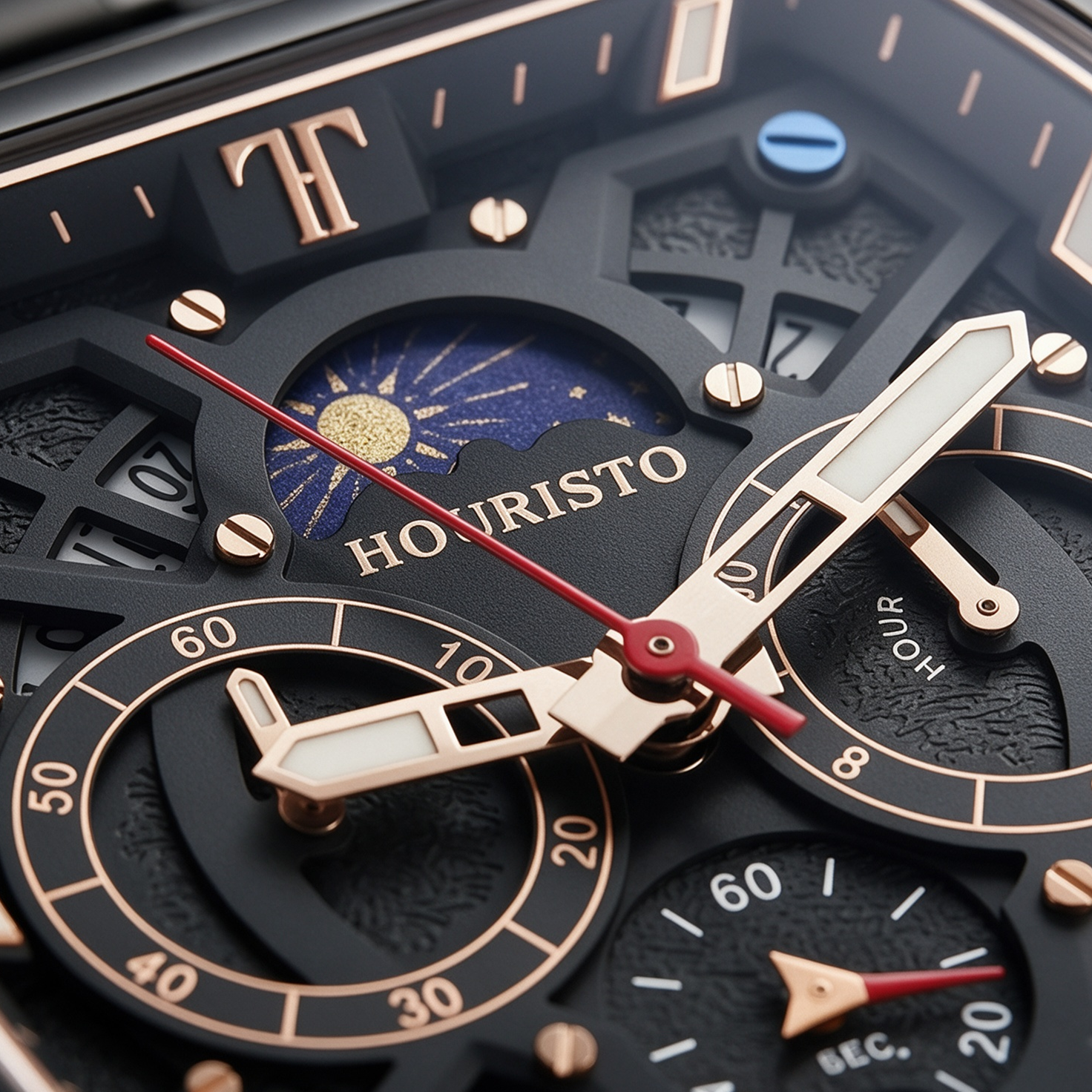 HOURISTO Men’s Luxury Tonneau Chronograph Watch – Skeleton Dial Sun & Moon Phase Quartz Wristwatch in Black Stainless Steel