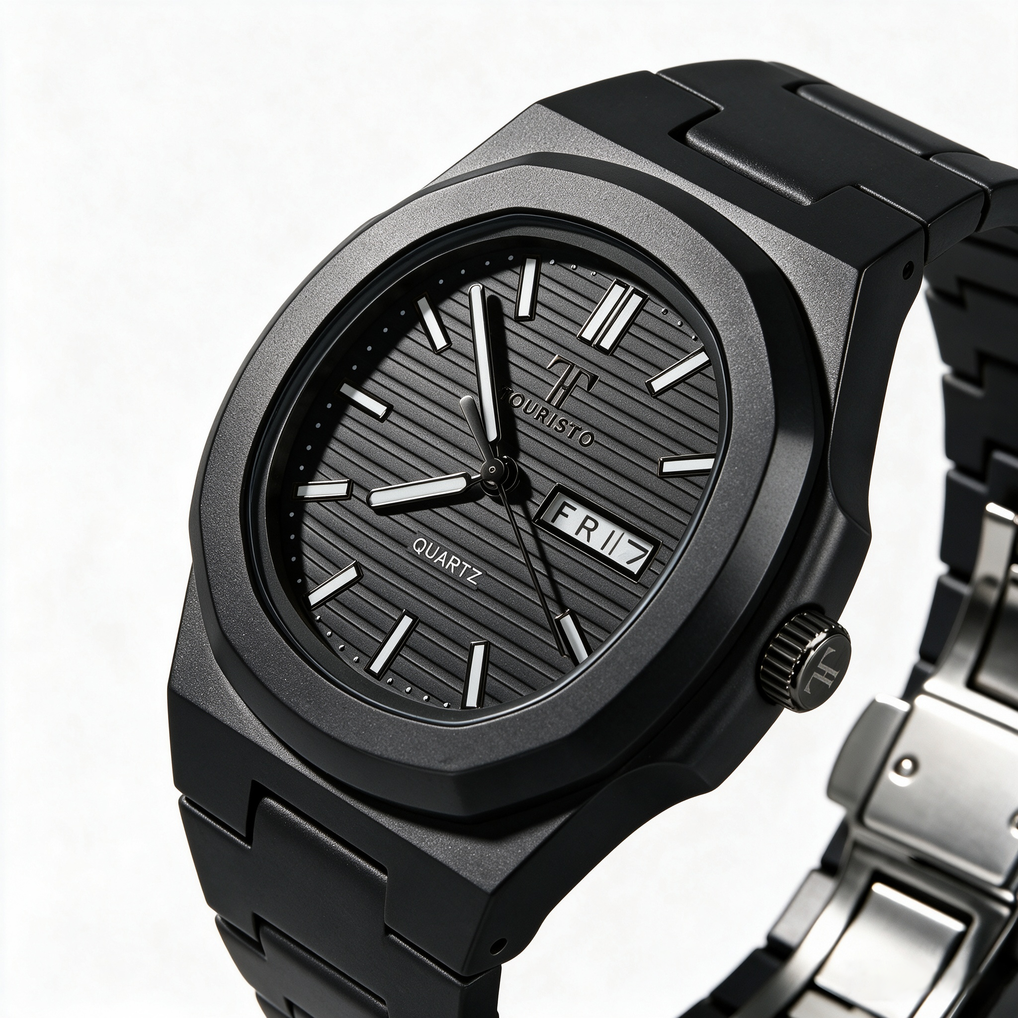 Touristo All-Black Integrated Bracelet Watch – Octagonal Case Quartz Watch with Day-Date Window