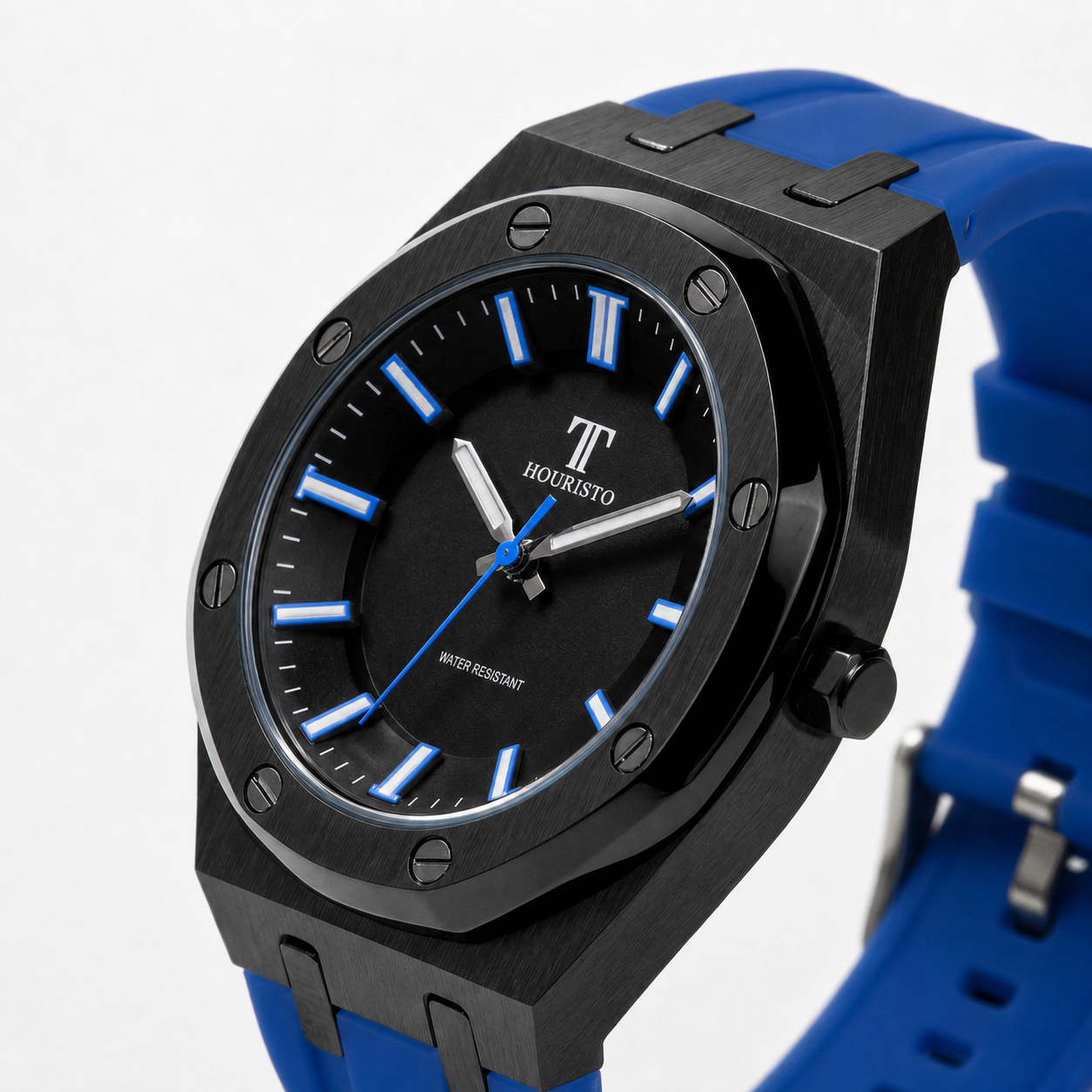 HOURISTO Refined Luxury Watch - Black Dial Blue Details Silicone Strap Octagonal Bezel Daily