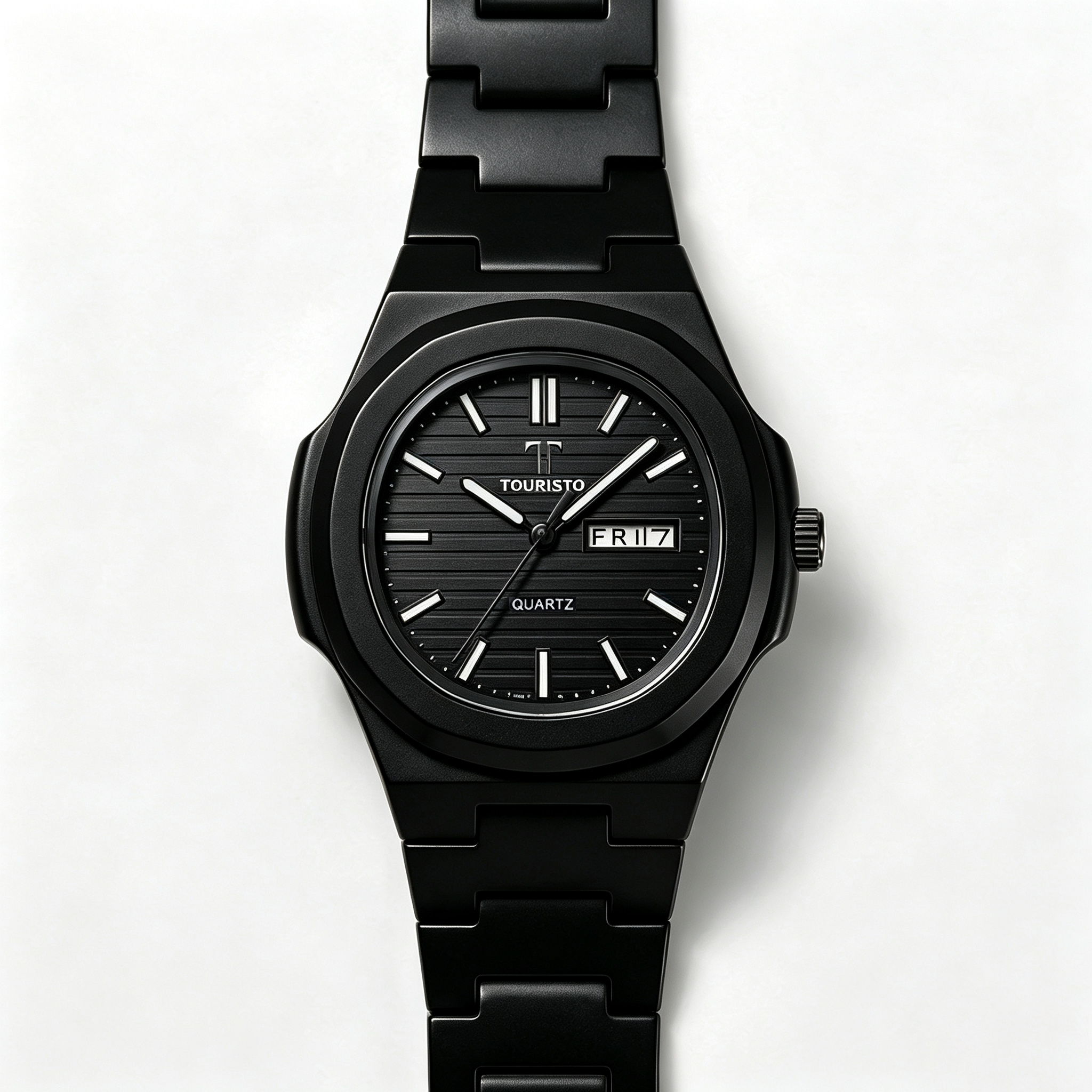 Touristo All-Black Integrated Bracelet Watch – Octagonal Case Quartz Watch with Day-Date Window
