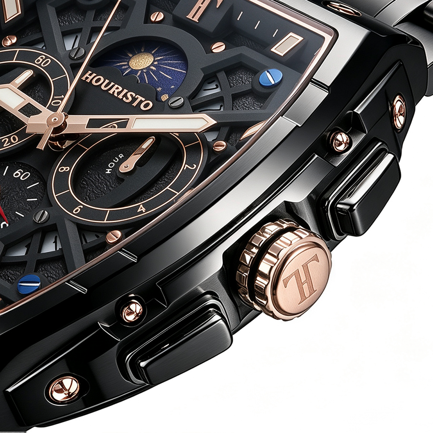 HOURISTO Men’s Luxury Tonneau Chronograph Watch – Skeleton Dial Sun & Moon Phase Quartz Wristwatch in Black Stainless Steel