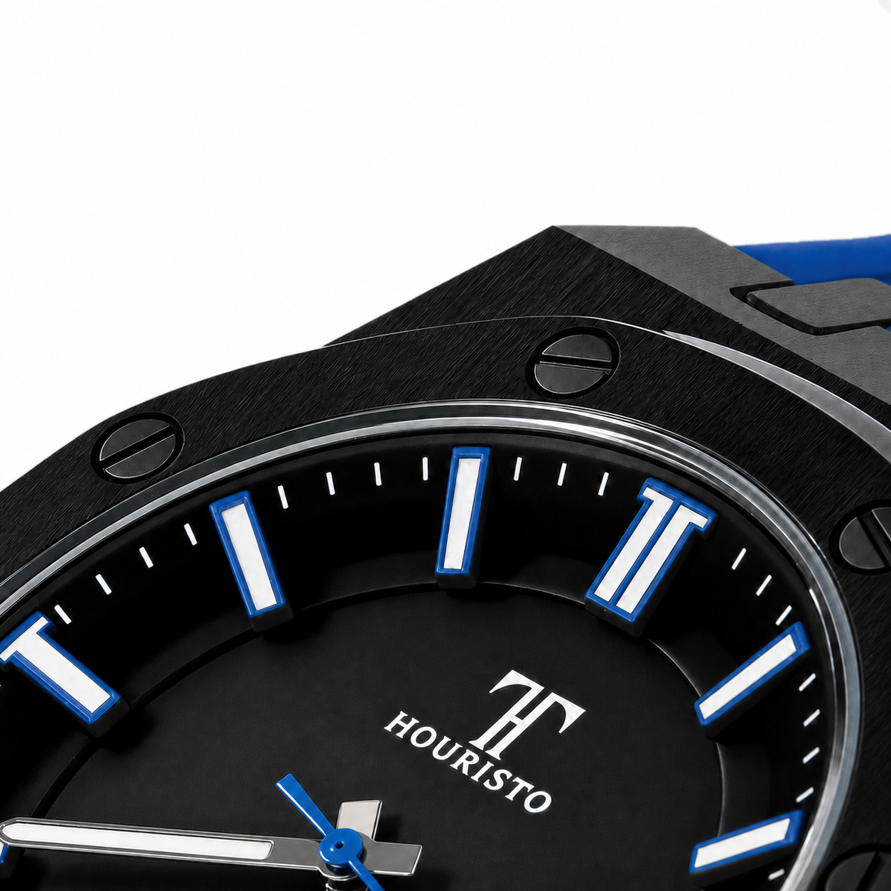 HOURISTO Refined Luxury Watch - Black Dial Blue Details Silicone Strap Octagonal Bezel Daily