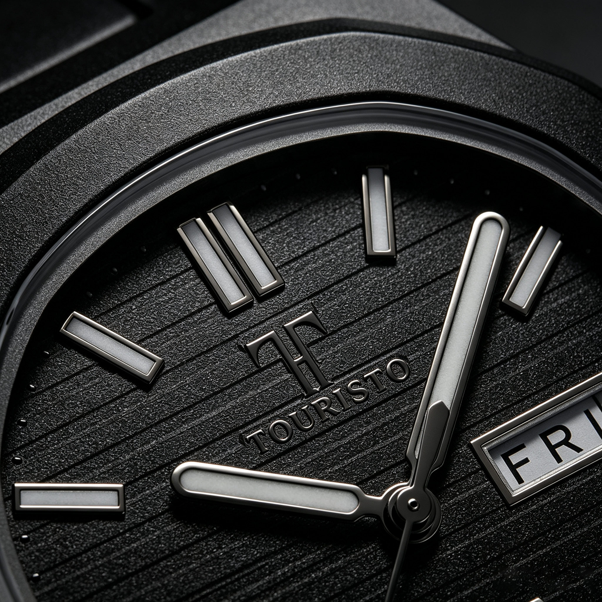 Touristo All-Black Integrated Bracelet Watch – Octagonal Case Quartz Watch with Day-Date Window