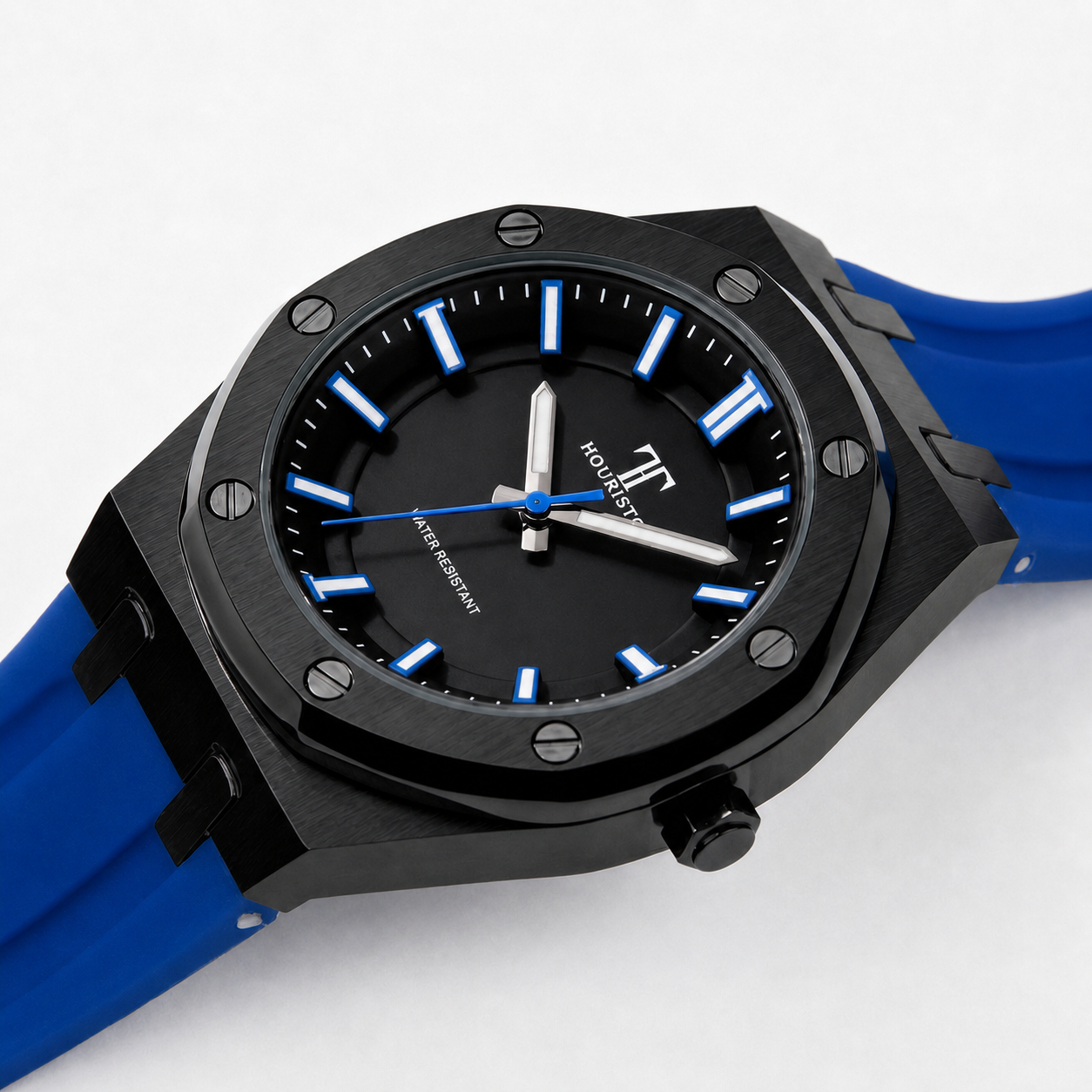HOURISTO Refined Luxury Watch - Black Dial Blue Details Silicone Strap Octagonal Bezel Daily