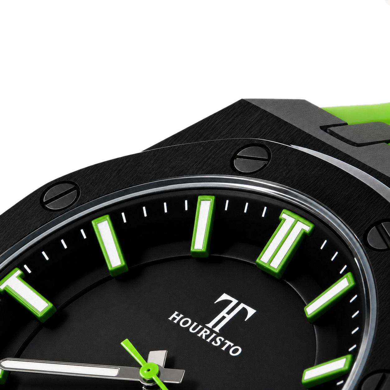 HOURISTO Fashion Watch - Black Octagonal Design Green Accent Water Resistant Sport Casual Watch