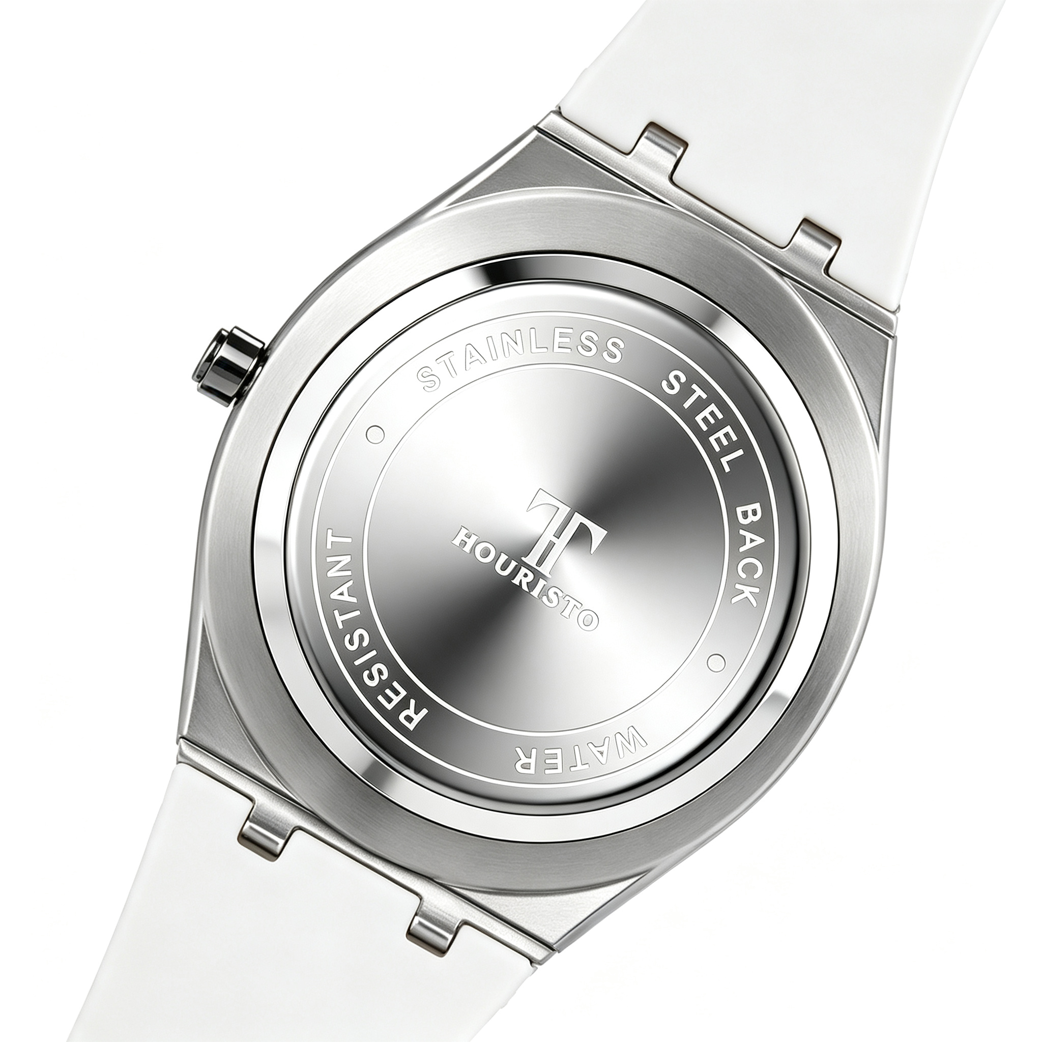 HOURISTO Premium Quartz Watch - Silver Octagonal Case Black Dial White Rubber Strap Waterproof
