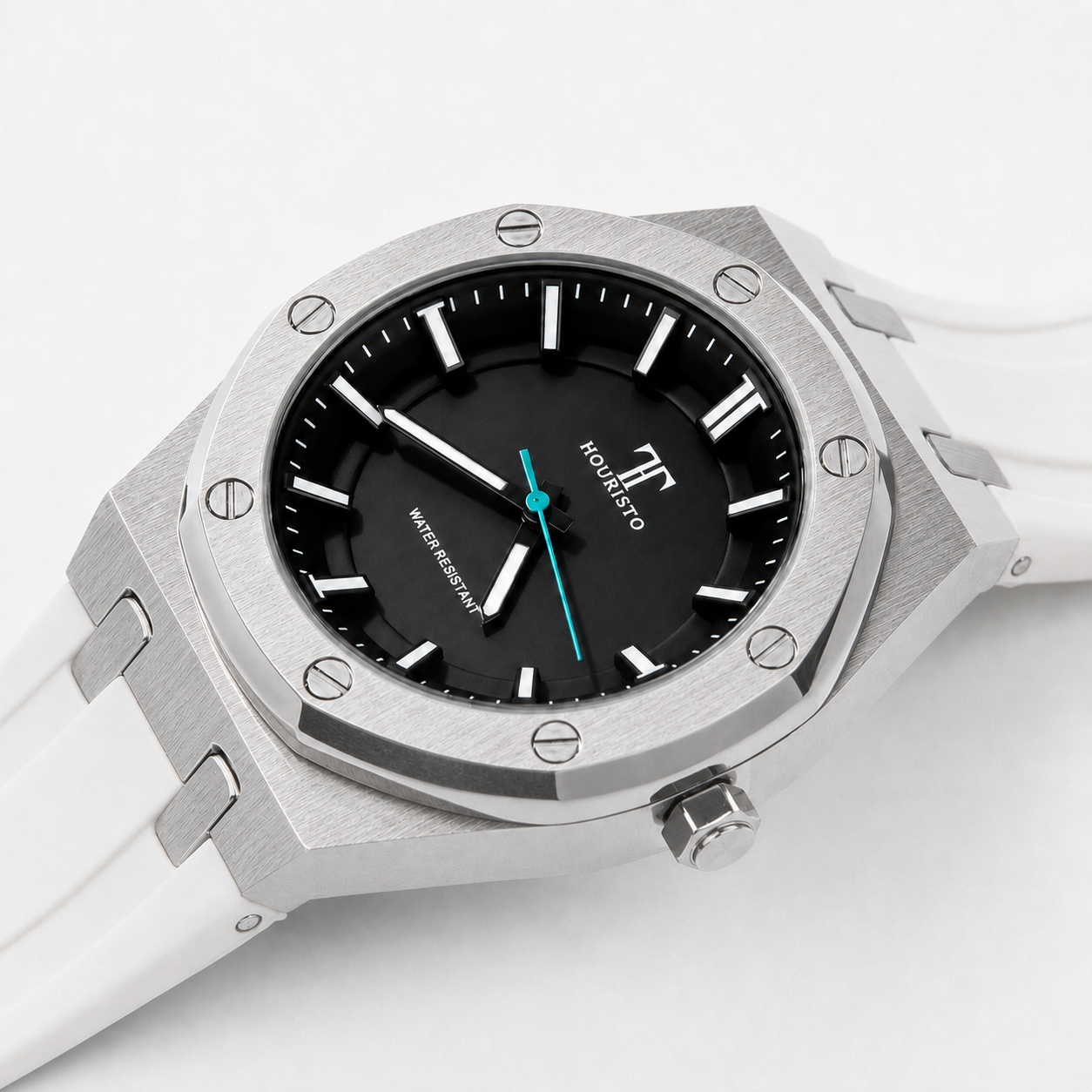 HOURISTO Premium Quartz Watch - Silver Octagonal Case Black Dial White Rubber Strap Waterproof
