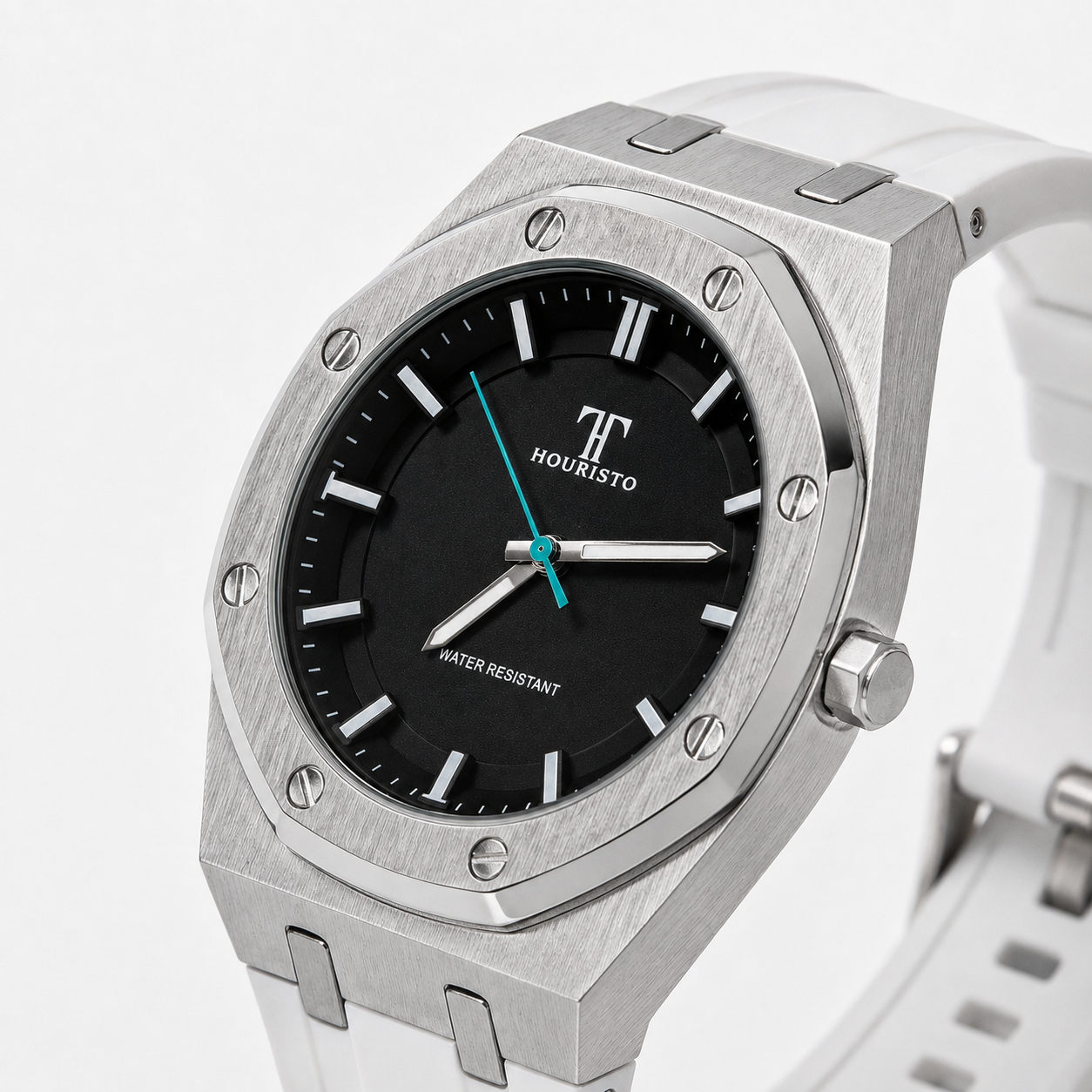HOURISTO Premium Quartz Watch - Silver Octagonal Case Black Dial White Rubber Strap Waterproof