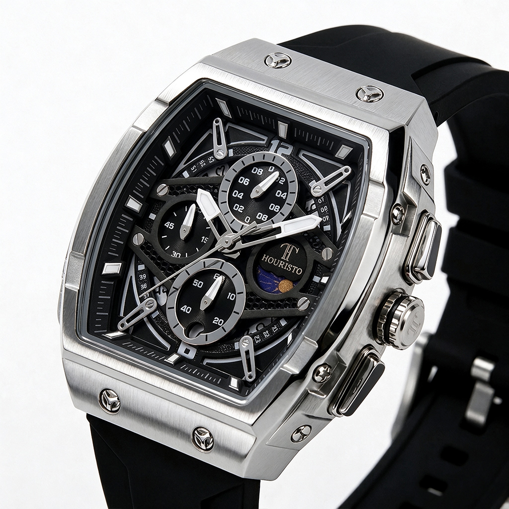 Houristo Skeleton Automatic Watch – Silver Tonneau Stainless Steel Case Multi-Function Chronograph with Moon Phase, Black Silicone Strap
