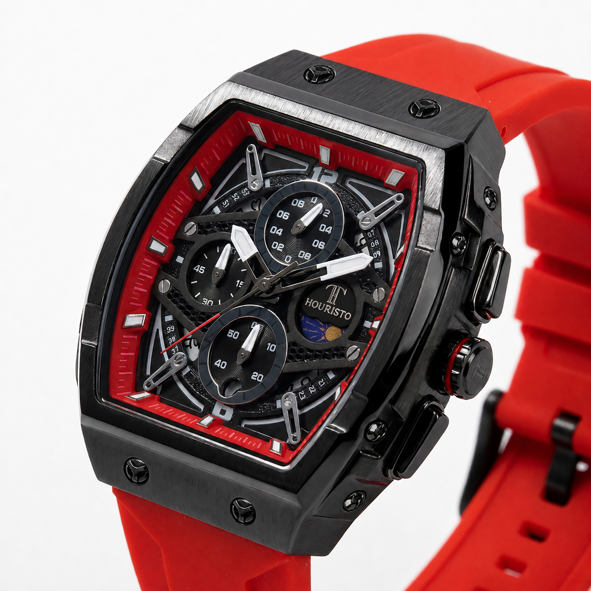 HOURISTO Automatic Skeleton Watch - Red Rubber Strap Chronograph Moon Phase Sport