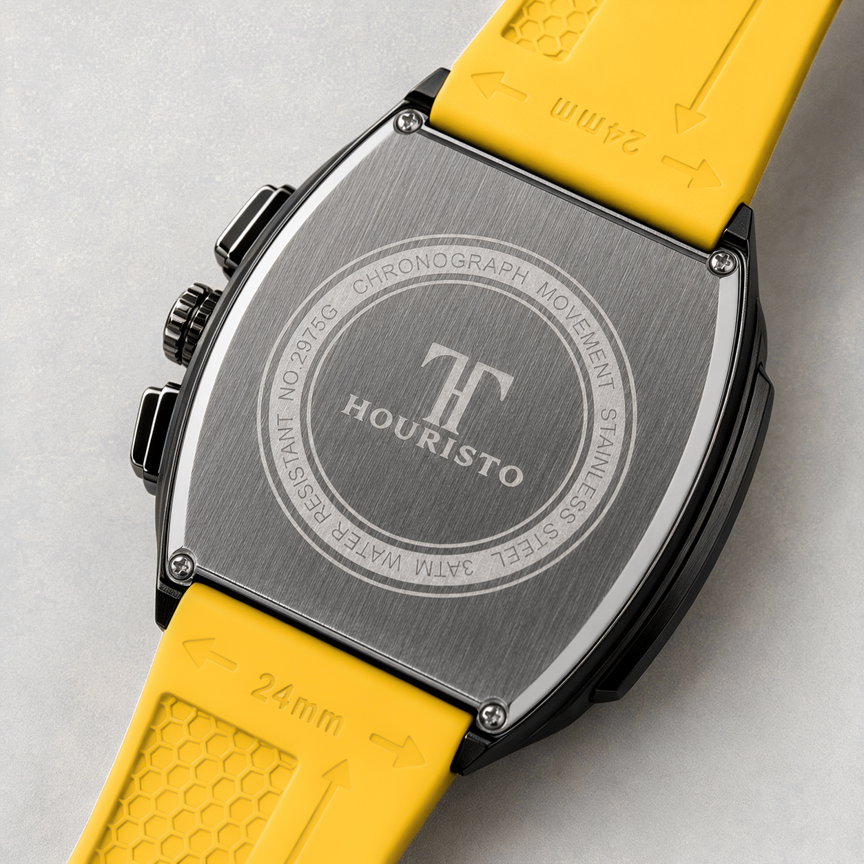 Houristo Skeleton Automatic Watch – Black & Yellow Multi-Function Chronograph with Moon Phase, Silicone Strap