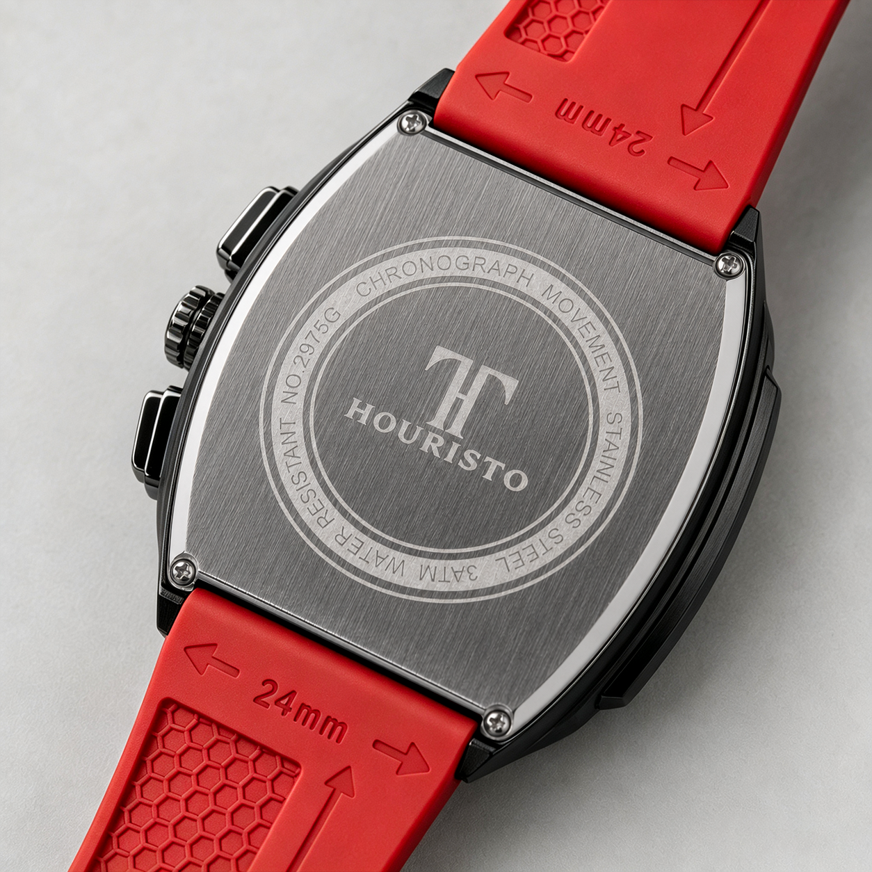 HOURISTO Automatic Skeleton Watch - Red Rubber Strap Chronograph Moon Phase Sport