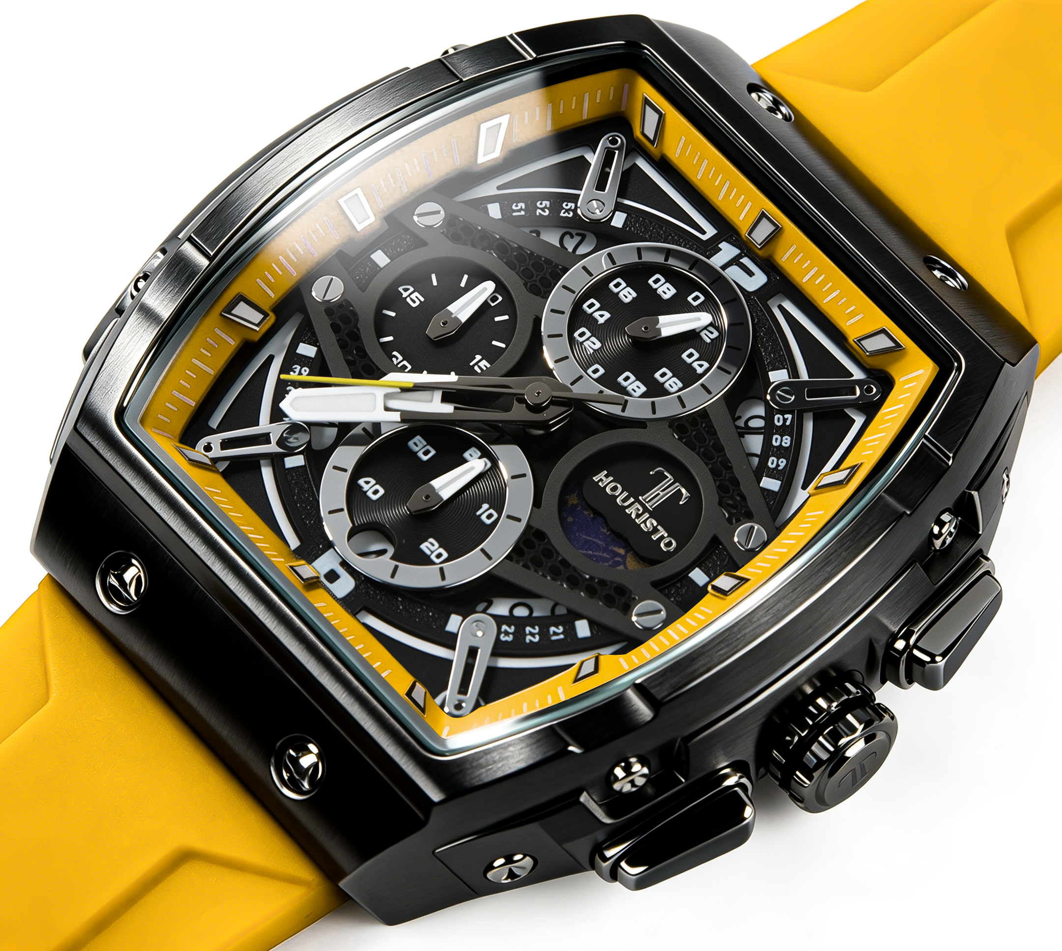 Houristo Skeleton Automatic Watch – Black & Yellow Multi-Function Chronograph with Moon Phase, Silicone Strap