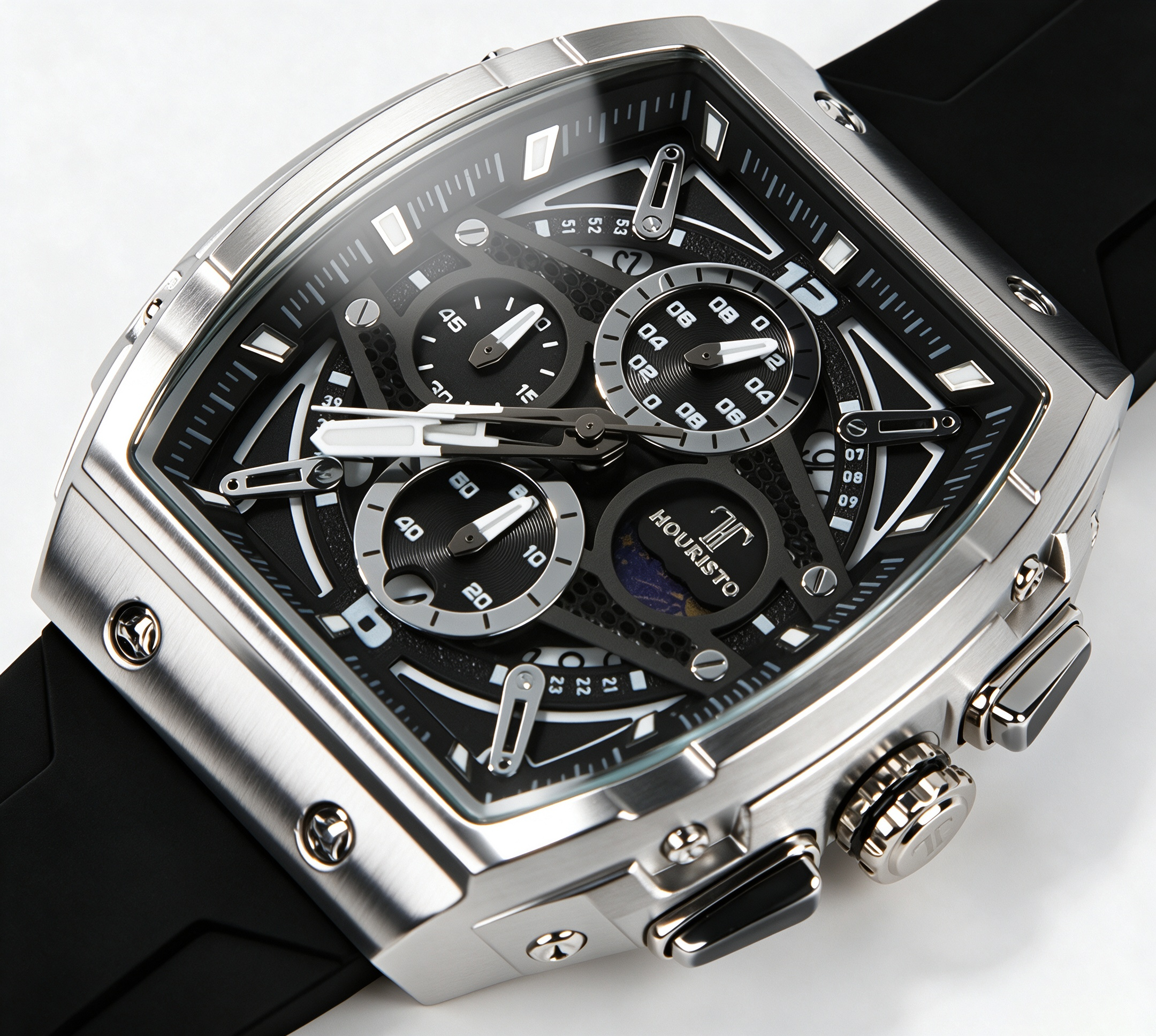 Houristo Skeleton Automatic Watch – Silver Tonneau Stainless Steel Case Multi-Function Chronograph with Moon Phase, Black Silicone Strap