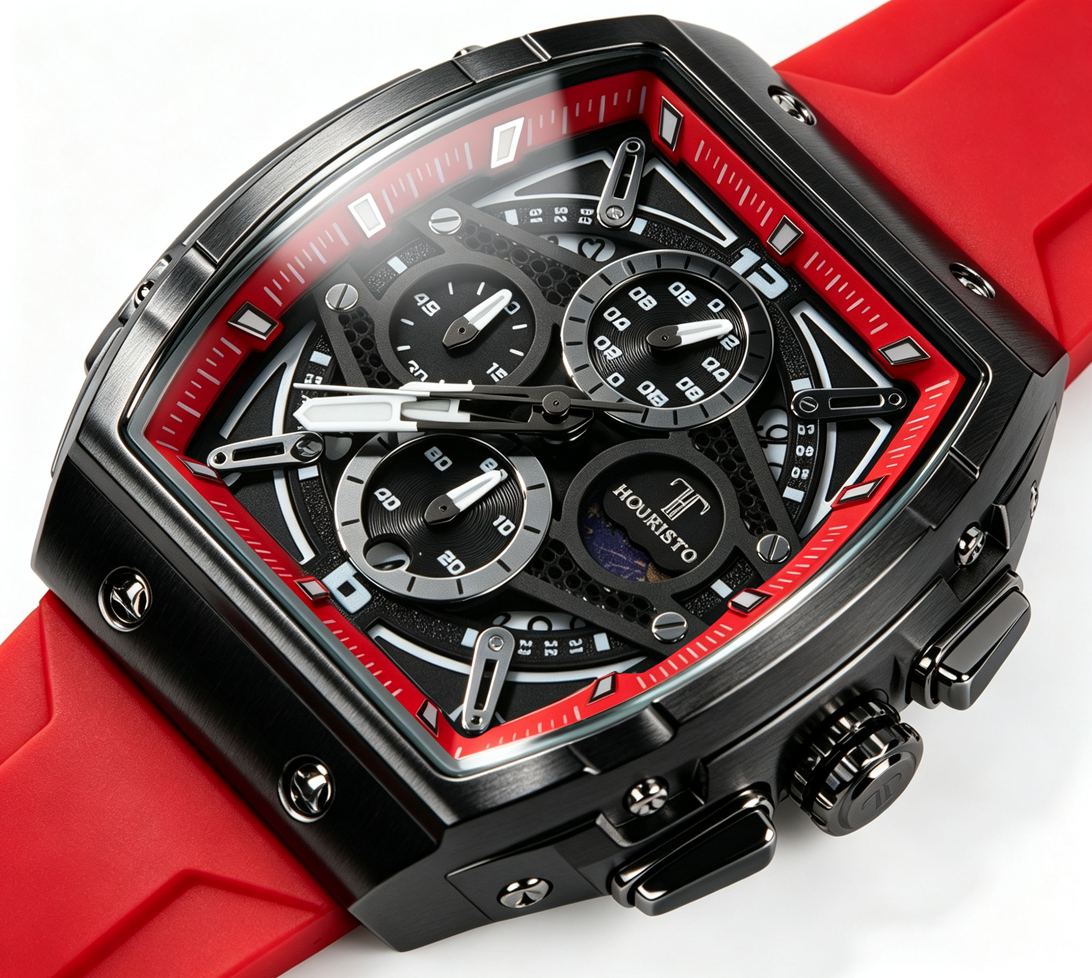 HOURISTO Automatic Skeleton Watch - Red Rubber Strap Chronograph Moon Phase Sport