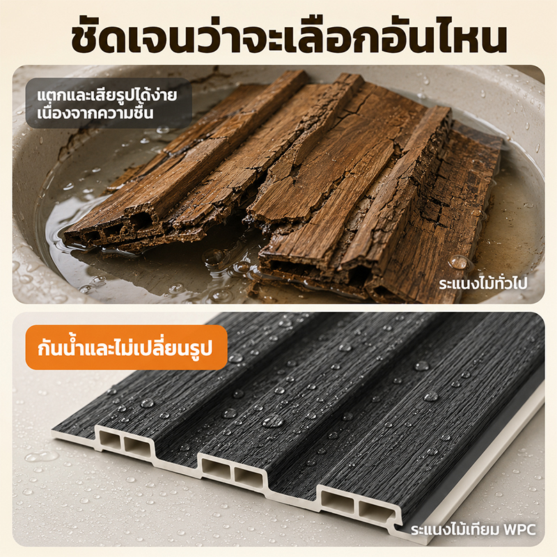 ระแนงไม้เทียม WPC หนา 8 มม. แผ่นตกแต่งผนังภายใน กันน้ำ กันปลวก มี 1M / 2M หลายสีให้เลือก