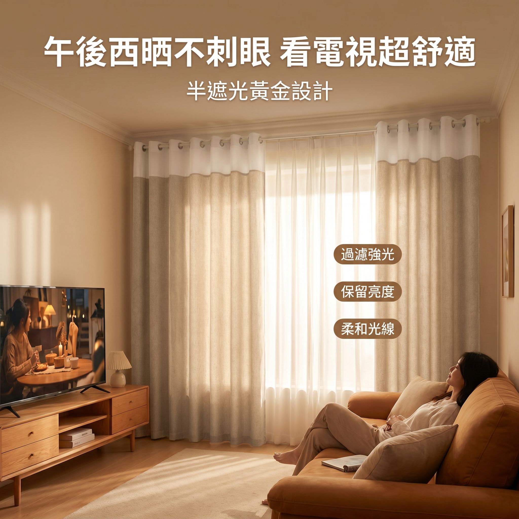 現代美式風亞麻窗簾，半遮光窗簾布