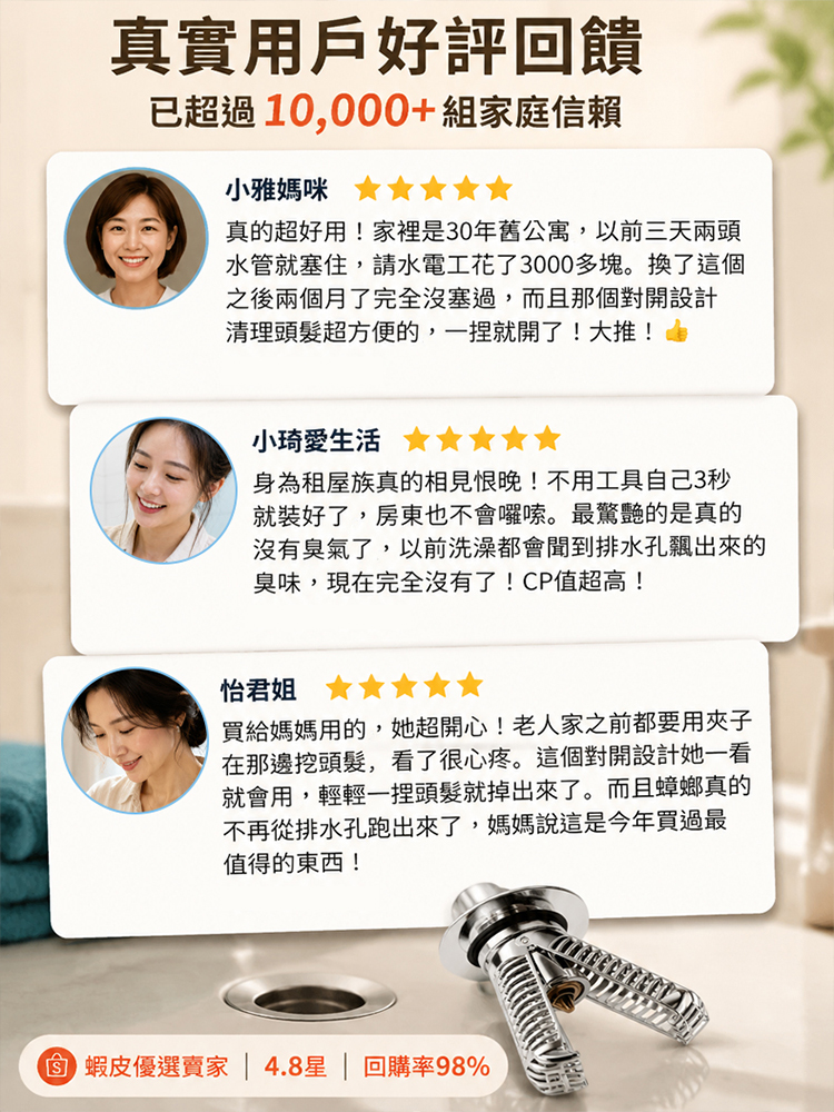 【全新升級！對開式彈跳過濾漏塞】一拉、一捏，秒清污垢不髒手！