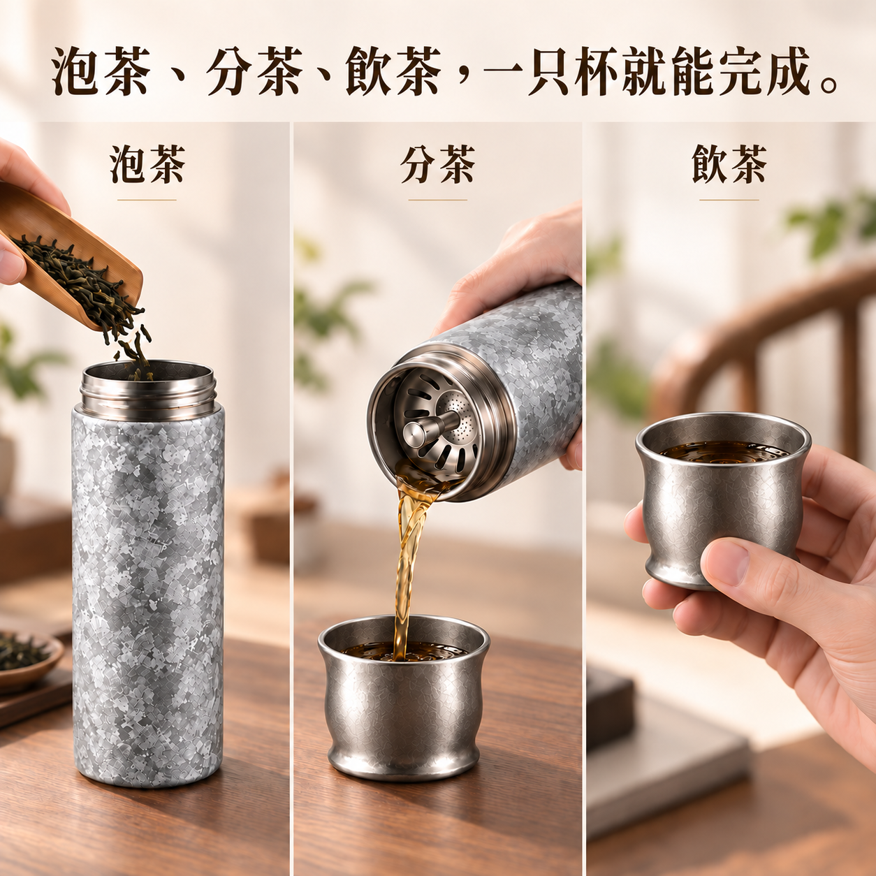 WUYOLI 420mL 純鈦茶水分離保溫杯｜純鈦茶漏・杯蓋可作飲茶杯