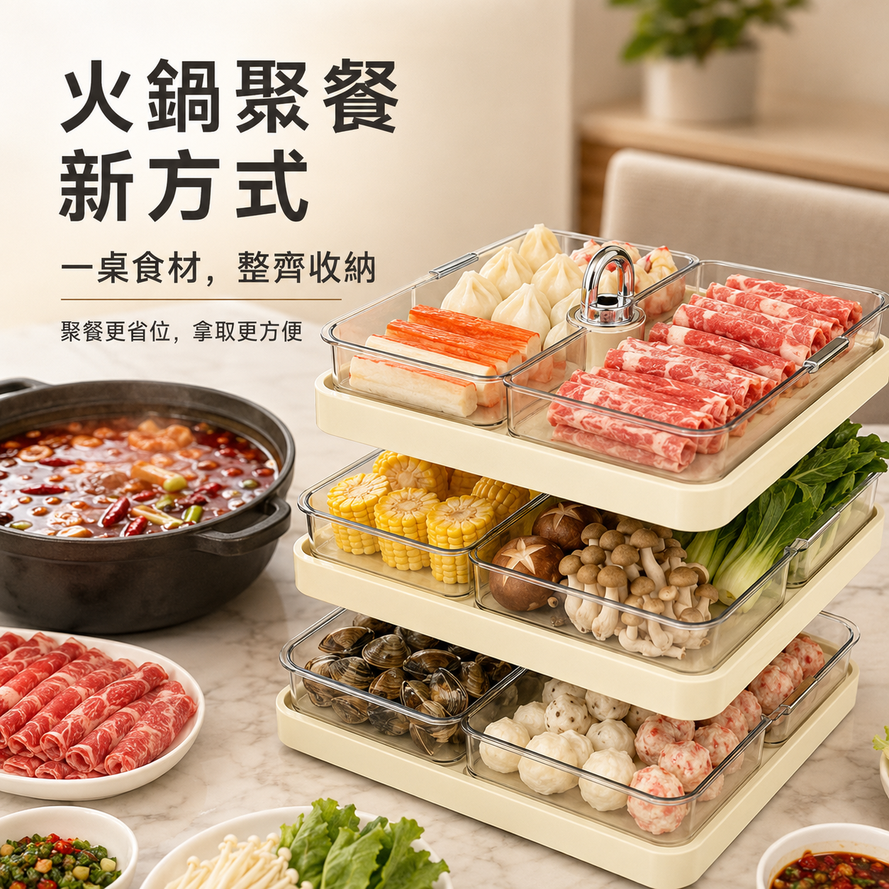 360°旋轉火鍋食材收納盤｜三層分類備料架・多人聚餐取菜更方便