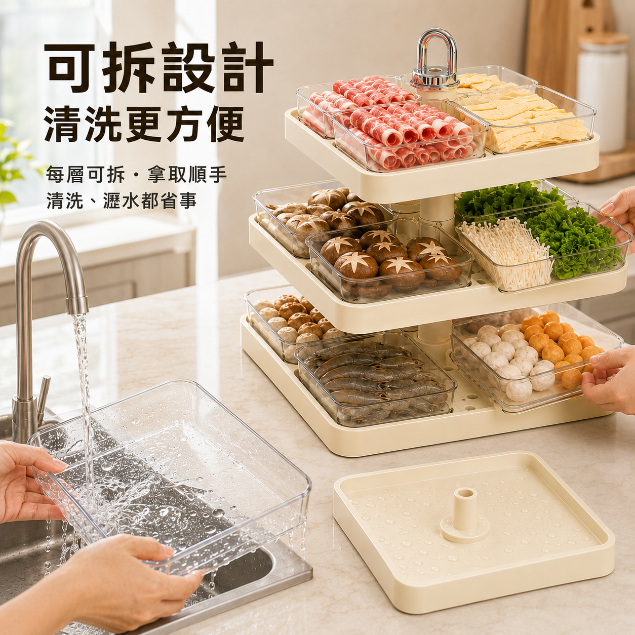 360°旋轉火鍋食材收納盤｜三層分類備料架・多人聚餐取菜更方便