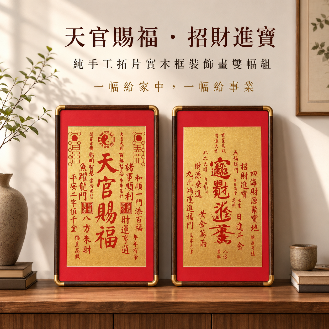天官賜福・招財進寶｜純手工拓片實木框裝飾畫雙幅組